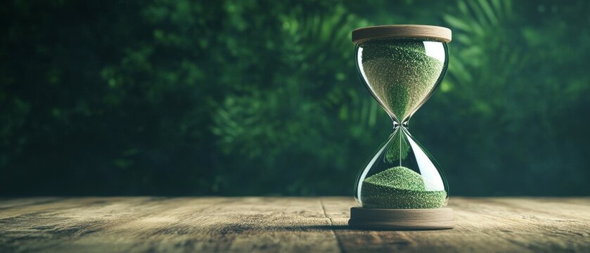 Hourglass with green sand on wooden surface, natural green background light, symbolizing time passage, urgency, and nature's cycle.