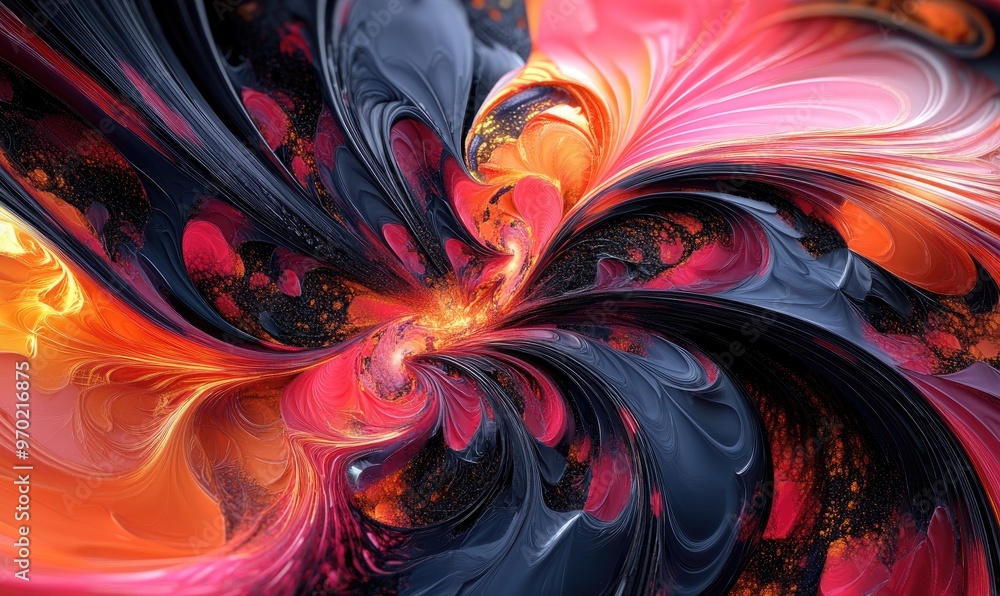 Poster abstract fractal forms exploring the theme of nuclear physics blending elements of graphic design wi