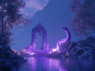 Fototapeta premium Enchanted shrine on a lakeside within the mountains featuring a dragon statue illuminated by purple light 3D rendering