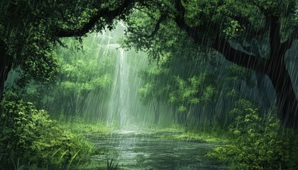 Fantasy illustration depicting a forest scene with rain