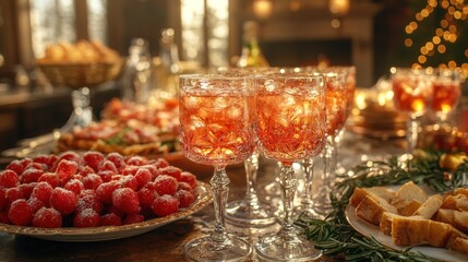 Festive table setting with drinks and desserts for a celebration.