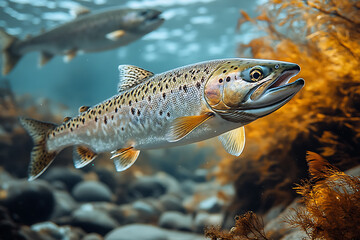 Obraz premium A realistic photo of wild salmon swimming upstream in a river during the spawning season, showcasing their natural behavior and vibrant colors in a dynamic, flowing environment. 