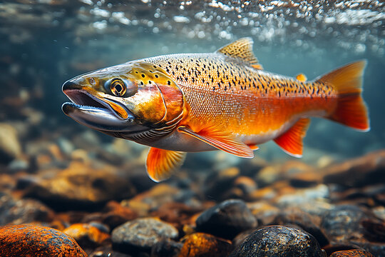 A realistic photo of wild salmon swimming upstream in a river during the spawning season, showcasing their natural behavior and vibrant colors in a dynamic, flowing environment.

