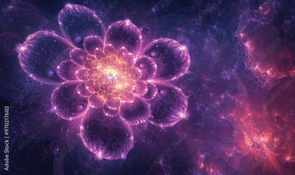Poster abstract fractal forms exploring the theme of nuclear physics blending elements of graphic design wi