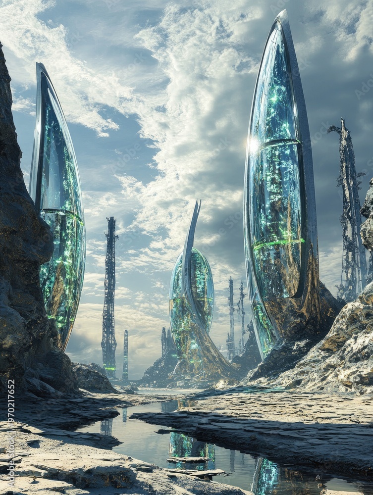 Poster fantasy 3d render of a sci fi landscape featuring a futuristic post apocalyptic scenario with an abs