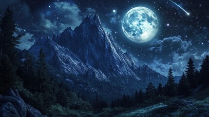 A whimsical depiction of a nighttime scene featuring a towering mountain amidst a forested valley with a large full moon obscured by the mountain against a dark sky filled with stars and a passing