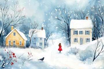 Fototapeta premium Charming hand painted watercolor illustration of a winter scene featuring houses a girl and a bird Vibrant art perfect for decor and greeting purposes