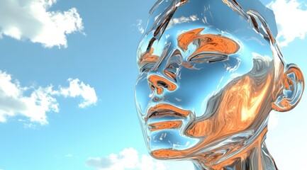 Abstract chrome and copper face on a blue sky background, 3D rendering illustration. 