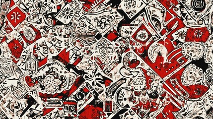 Lace pattern featuring a graphic medallion design Doodle print with Aztec ornamentation Red black and white motif Hand drawn ink illustration Seamless geometric texture with antique embroidery elem
