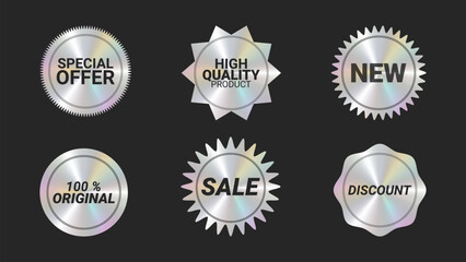 Holographic stickers logos emblem labels color set. For packaging product of promotional material. Sticker for clothes or accessories. Vector illustration.