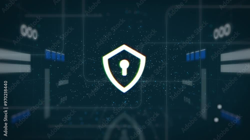 Poster Server, tech and process of cybersecurity, lock and overlay of interface, programming and system. Futuristic, coding and animation of connection, flow and networking of database and digital for data