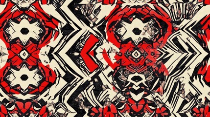Lace pattern featuring a graphic medallion design Doodle print with Aztec ornamentation Red black and white motif Hand drawn ink illustration Seamless geometric texture with antique embroidery elem