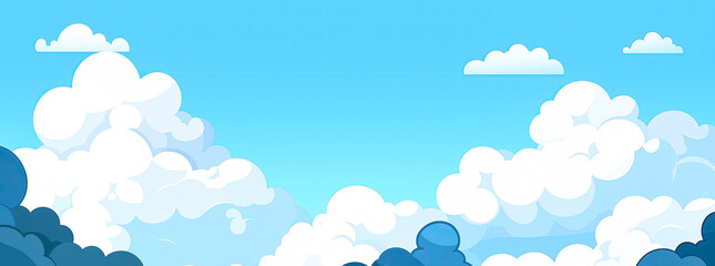 Illustration of white clouds on a blue sky background, with a flat design, simple shapes, simple color and background, cute cartoonish design.