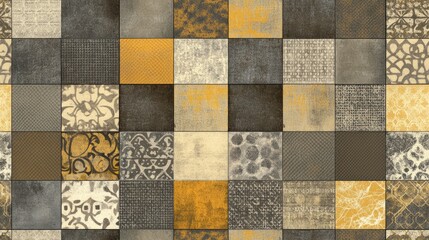 Fototapeta premium Seamless patchwork pattern in shades of gray brown and yellow with each square featuring seamless backgrounds