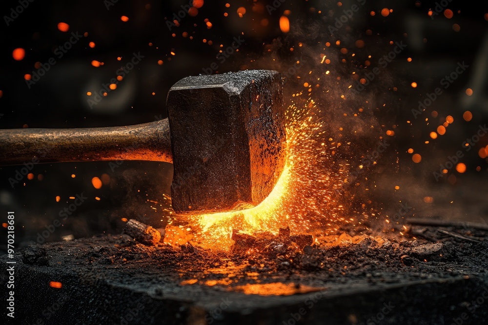 Sticker A Blacksmith Hammer Strikes Molten Metal, Creating a Shower of Sparks