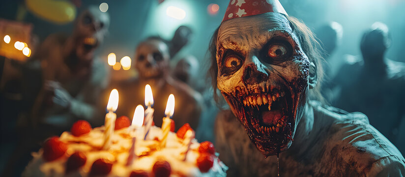 A zombie woman is holding a cake with candles in front of a group of zombies