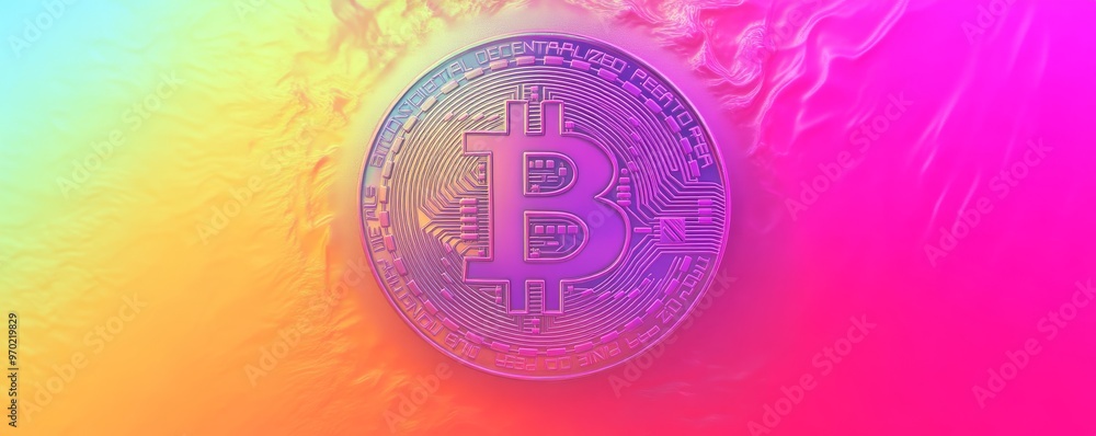 Poster bitcoin digital currency symbol on vibrant gradient background