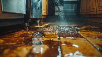 Focused shot of a water jet cutting through a greasy kitchen floor, unveiling a spotless surface. The contrast between the dirty and clean areas is striking