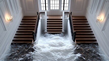 A grand staircase with water cascading down each step, illustrating the devastation of floodwater pouring through a home, water splashing over the edges, insurance concept