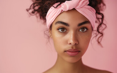 Naklejka premium Portrait of a beautiful young afro american woman with pink headband and clean fresh skin on pink background with copy space. Cosmetology, beauty, spa.