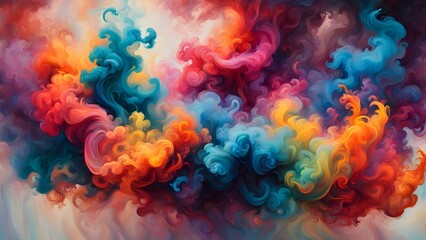 Fototapeta premium Abstract colorful swirling smoke cloud in vibrant red, blue, yellow, and orange hues.
