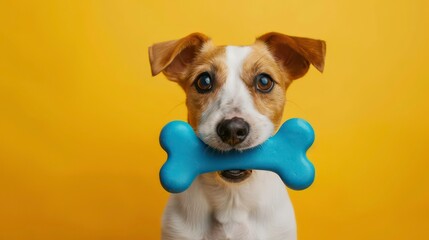 A cute dog with brown and white fur is holding a blue bone toy in its mouth, looking directly at the camera against a bright yellow background.
