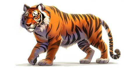 Obraz premium A majestic tiger with orange and black stripes walks on a white background.