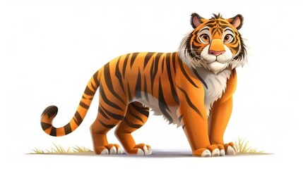 A cartoon tiger with orange and black stripes, standing on a white background.