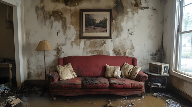 A living room with dark water stains on the walls, marking flood water levels, insurance documentation scene, detailed textures of damp drywall