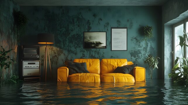 A living room with dark water stains on the walls, marking flood water levels, insurance documentation scene, detailed textures of damp drywall
