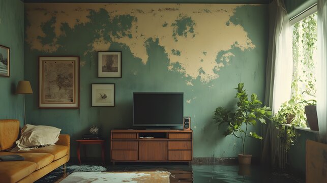 A living room with dark water stains on the walls, marking flood water levels, insurance documentation scene, detailed textures of damp drywall