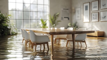 Obraz premium A modern dining room table surrounded by ankle-deep water, highlighting the aftermath of home flooding, with ripples and insurance claim visuals