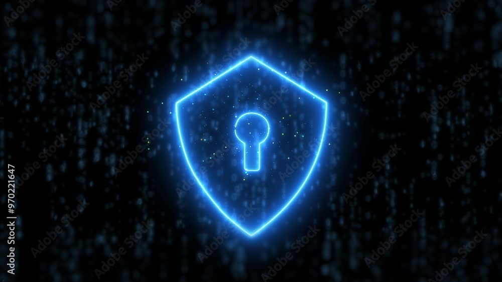 Aufkleber Shield, icon and cybersecurity with information technology, protection and access control on black background. Blue lock, coding and hologram for safety, matrix and stop ransomware hacking on web