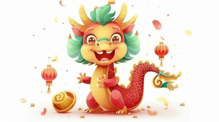 Naklejka premium A cartoon illustration of a cute, smiling dragon with a red and gold tail, green hair, and a friendly expression holding up its paws. 