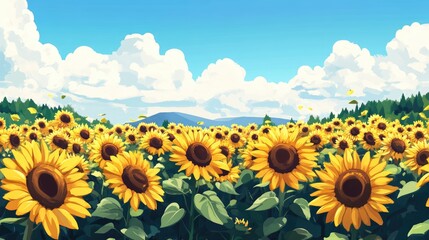 Fototapeta premium Cartoon illustration of a vibrant sunflower field in a 2D style