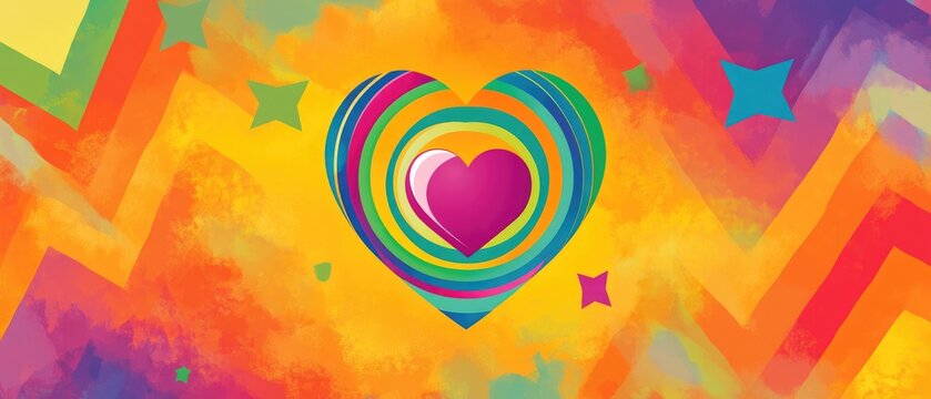 Red lime hearts and green rings in a square orange geometric design with purple yellow pink and blue polygonal shapes Bright oval and pastel stars with zigzag wave on a colorful backdrop