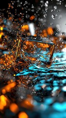 A captivating splash of water with a floating ice cube, surrounded by vibrant colors and reflections in a dynamic composition.