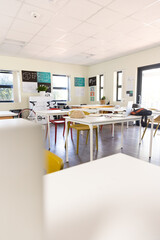 At school, Empty classroom with desks and chairs, ready for students to arrive