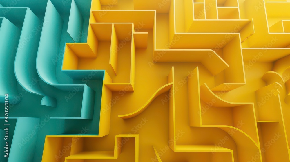 Poster abstract geometric pattern with yellow and blue walls creating a maze.