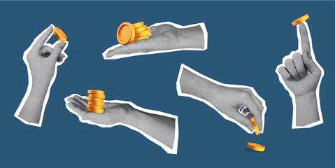 Trendy halftone collage with hands holding 3D gold coins. Paper elements isolated on dark blue background. Vector illustrations for finance, investment and business concept