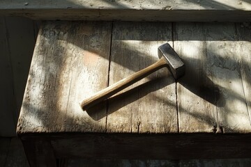 A weathered wooden table with a hammer resting on top