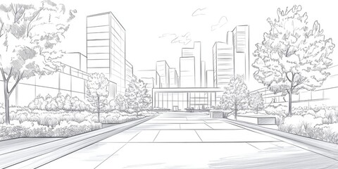 Line art illustration of a downtown area featuring modern architecture and street art