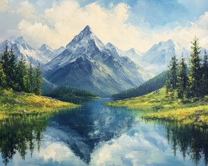 Fototapeta premium Oil painting depicting a mountain landscape with reflections in water featuring majestic peaks and serene surroundings in a beautiful alpine region