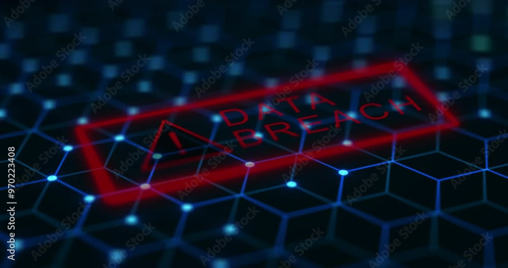 Poster Software, data breach and warning sign for hacking as cyber crime with information theft, security and fraud. Computer system, cloud computing and cybersecurity, protection and glitch with threat