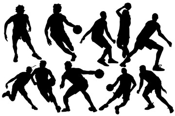 Silhouette of basketball player jump for the slam dunk. Set of Basketball players in different playing positions, lead ball, defend, attack, game techniques. Players throwing basketball vectors logo.