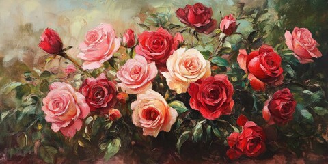 Oil painting depicting a bouquet of roses in a beautiful floral arrangement