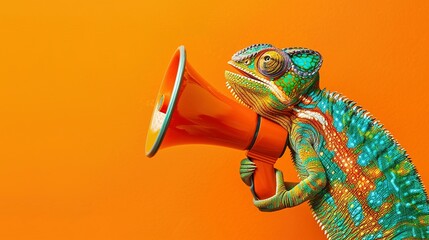 Colorful Chameleon Holding a Red Megaphone