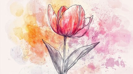 Hand drawn line art illustration of a tulip with watercolor splashes evoking the essence of spring and floral celebrations