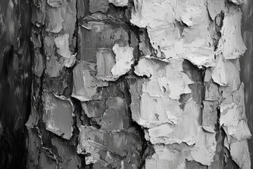 Obraz premium Oil painting showcasing intricate textures of tree bark in a park setting presented with a black and white filter to emphasize detailed patterns and textures