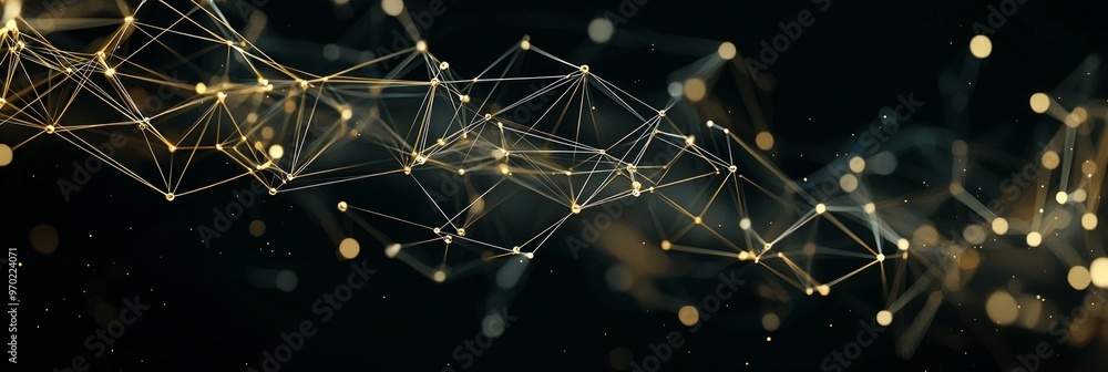 Poster golden particles gracefully connect to create a web-like geometric structure on a deep black canvas,